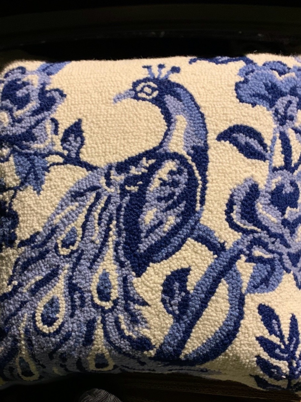Blue & White Chinoiserie Peacock Hooked Pillow Floral Grandmillennial Decor